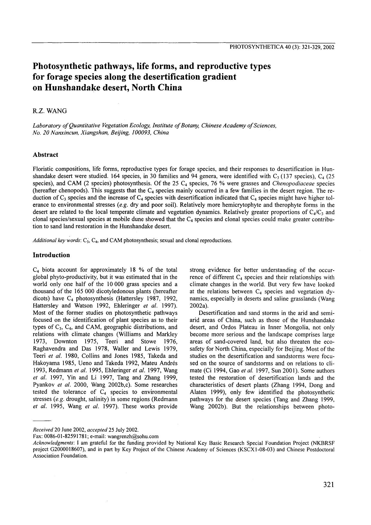Photosynthetic Pathways, Life Forms, and Reproductive Types for Forage Species Along the Desertification Gradient on Hunshandake Desert, North China by Unknown