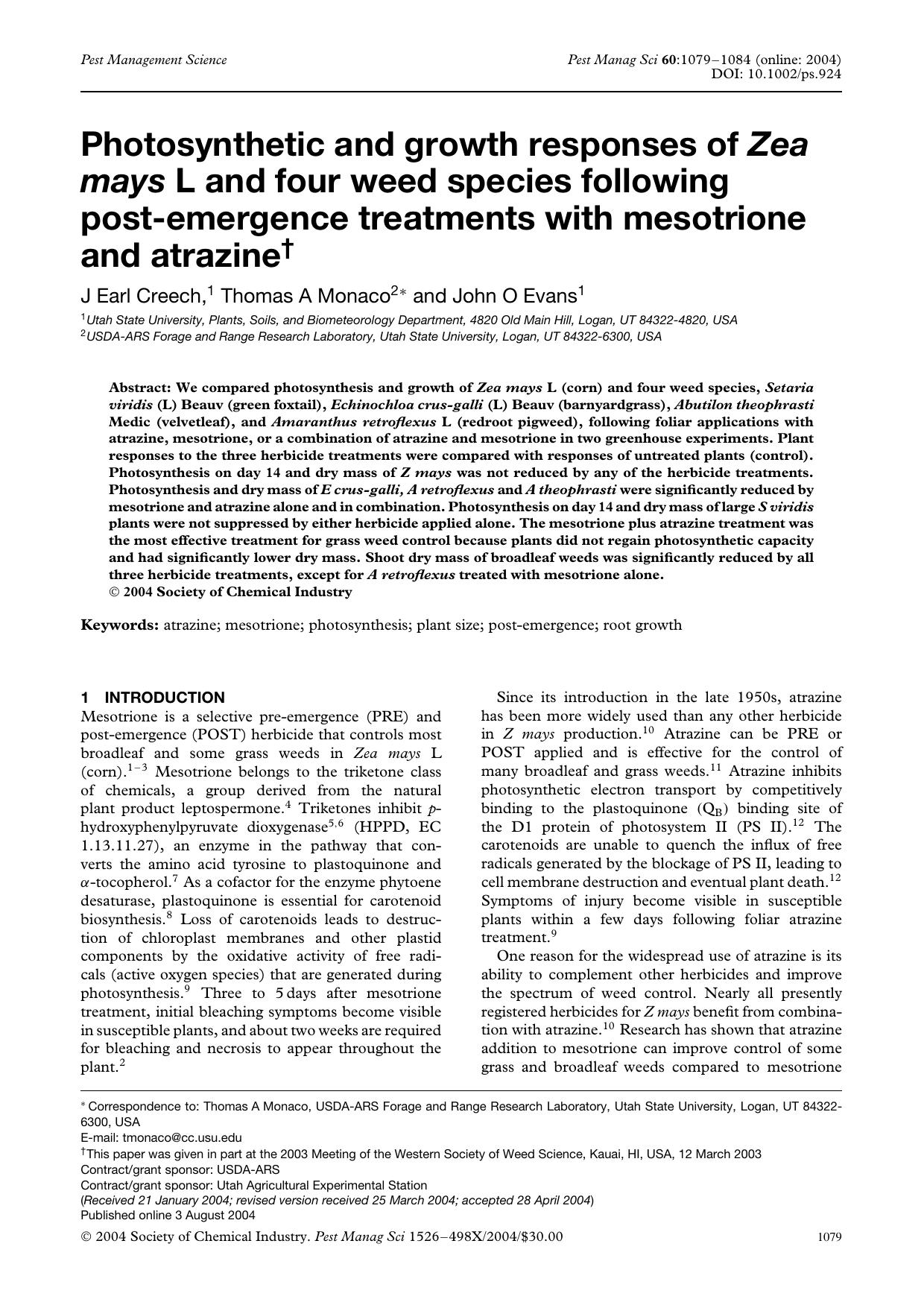 Photosynthetic and growth responses of Zea mays L and four weed species following post-emergence treatments with mesotrione and atrazine by Unknown