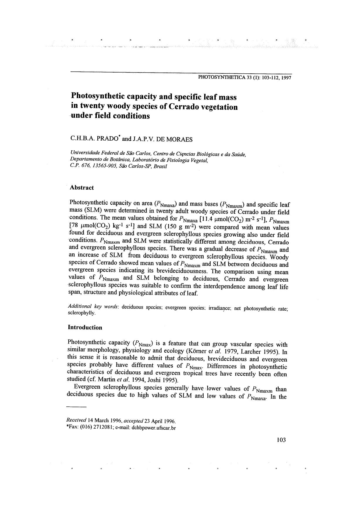 Photosynthetic capacity and specific leaf mass in twenty woody species of Cerrado vegetation under field conditions by Unknown