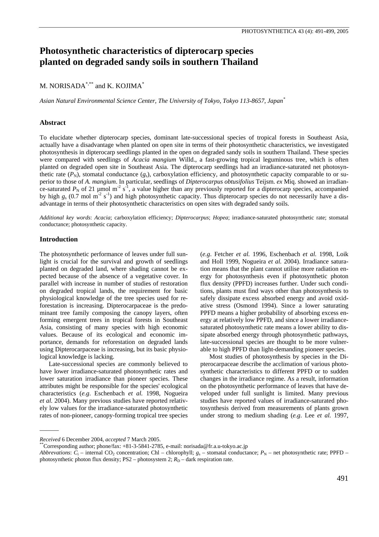 Photosynthetic characteristics of dipterocarp species planted on degraded sandy soils in southern Thailand by Unknown