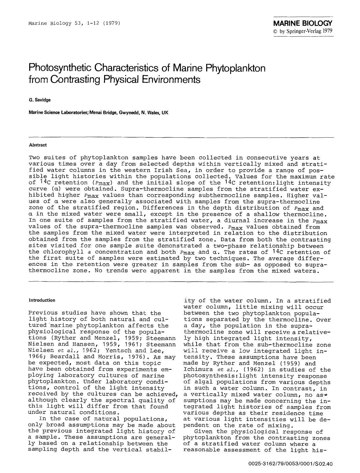 Photosynthetic characteristics of marine phytoplankton from contrasting physical environments by Unknown