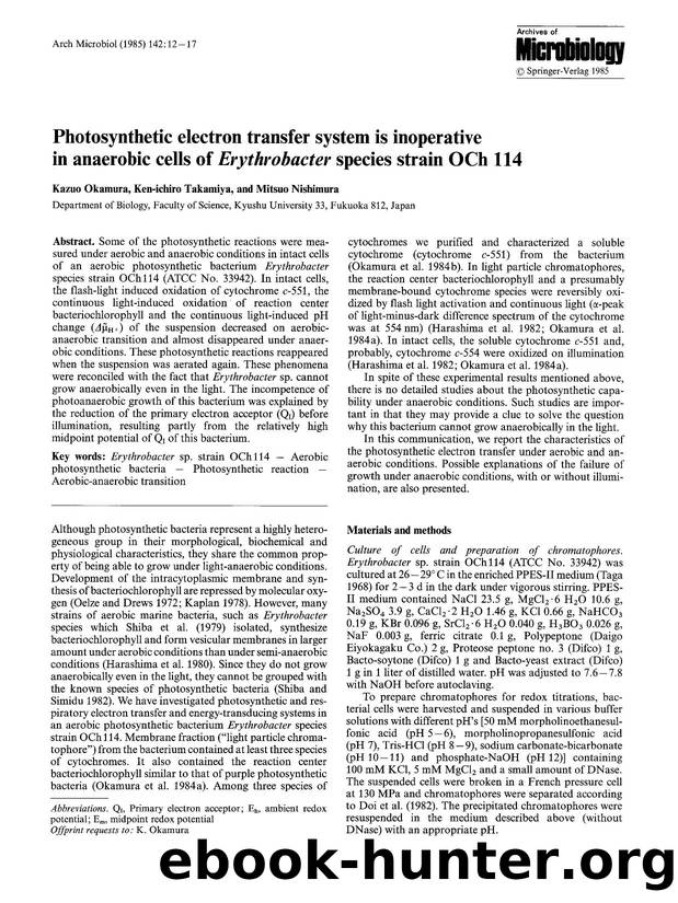 Photosynthetic electron transfer system is inoperative in anaerobic cells of <Emphasis Type="Italic">Erythrobacter<Emphasis> species strain OCh 114 by Unknown