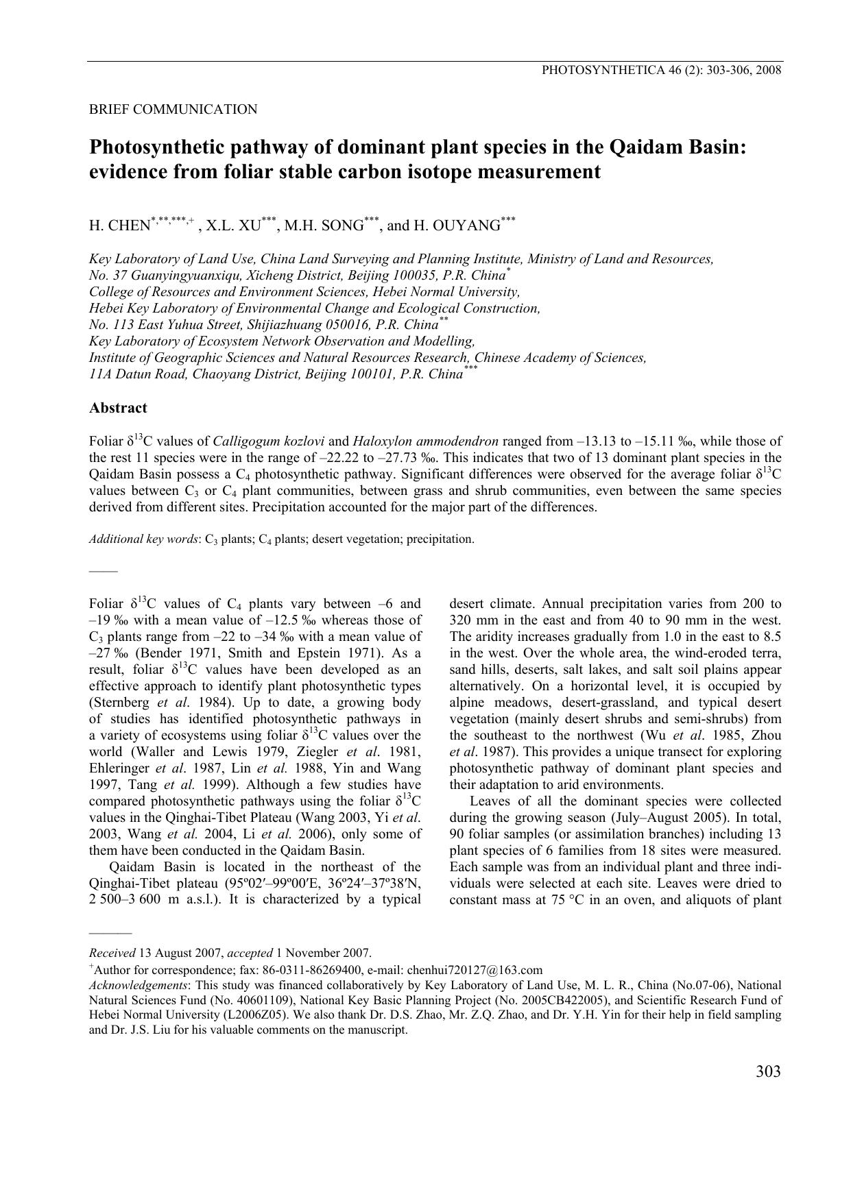 Photosynthetic pathway of dominant plant species in the Qaidam Basin: evidence from foliar stable carbon isotope measurement by Unknown