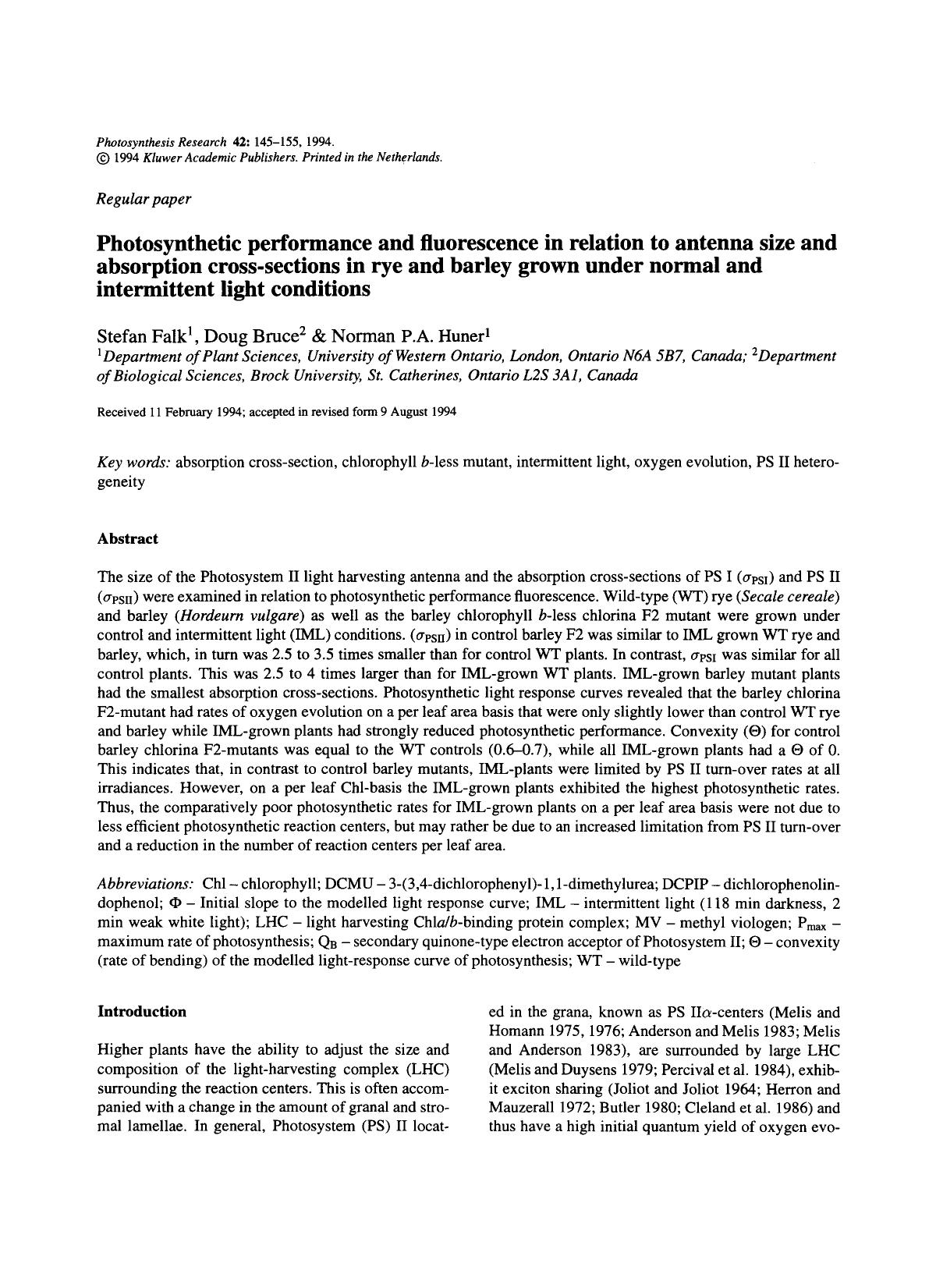 Photosynthetic performance and fluorescence in relation to antenna size and absorption cross-sections in rye and barley grown under normal and intermittent light conditions by Unknown