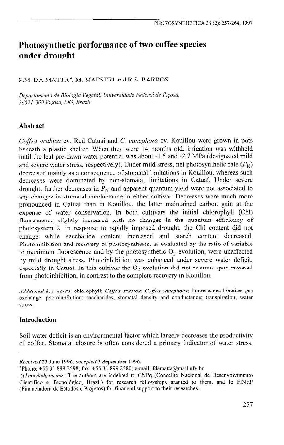 Photosynthetic performance of two coffee species under drought by Unknown