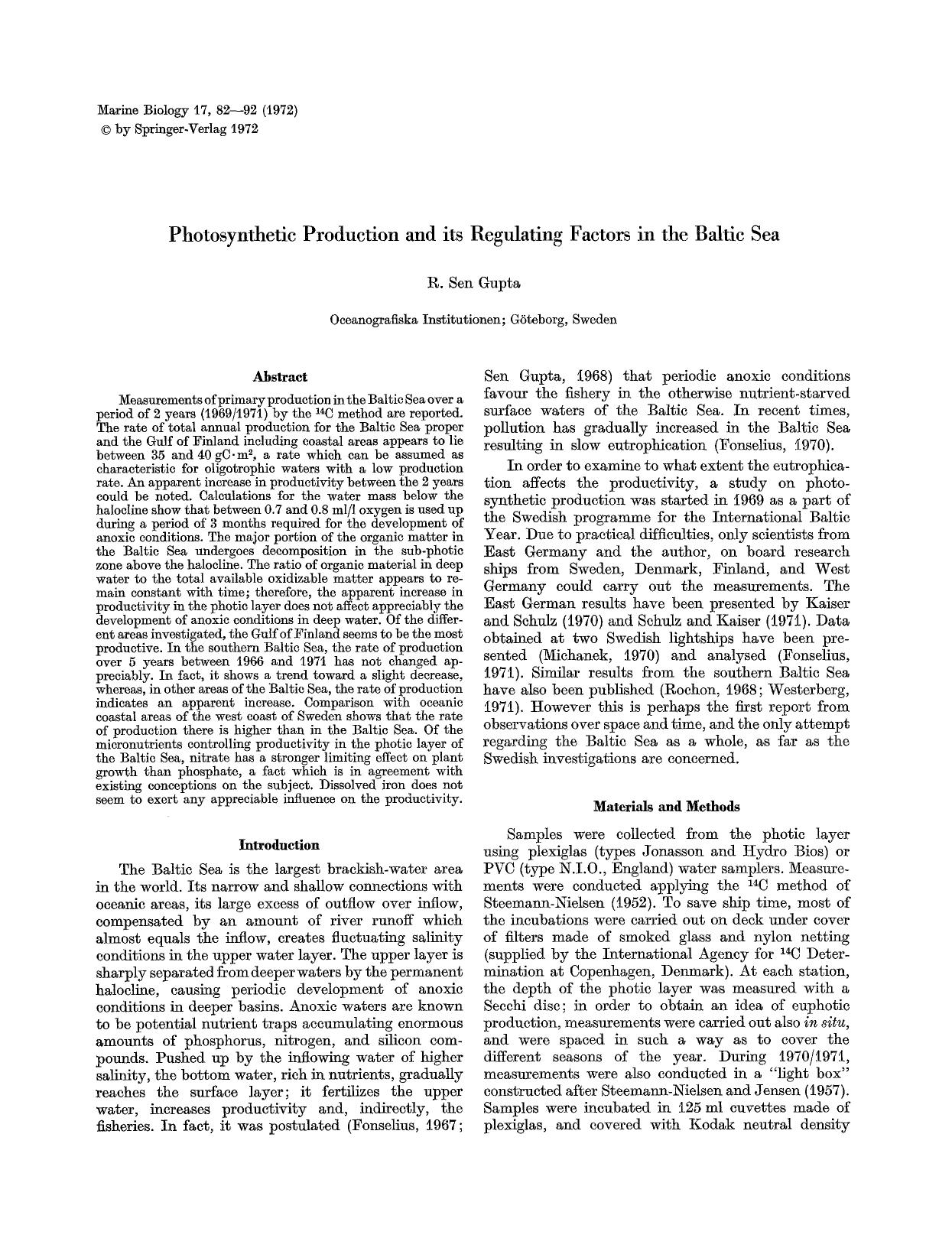 Photosynthetic production and its regulating factors in the Baltic Sea by Unknown