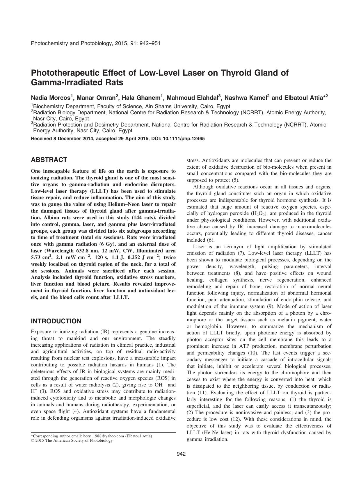 Phototherapeutic Effect of Low&#x2010;Level Laser on Thyroid Gland of Gamma&#x2010;Irradiated Rats by Unknown