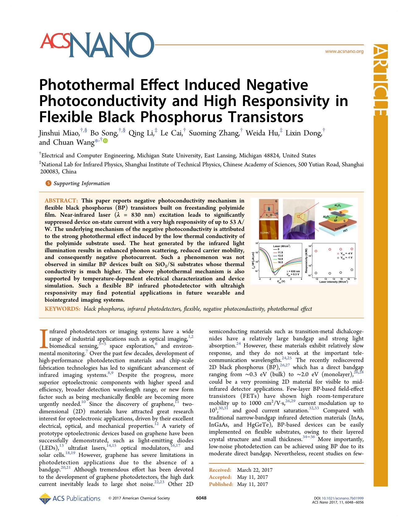 Photothermal Effect Induced Negative Photoconductivity and High Responsivity in Flexible Black Phosphorus Transistors by Jinshui Miao Bo Song Qing Li Le Cai Suoming Zhang Weida Hu Lixin Dong & Chuan Wang