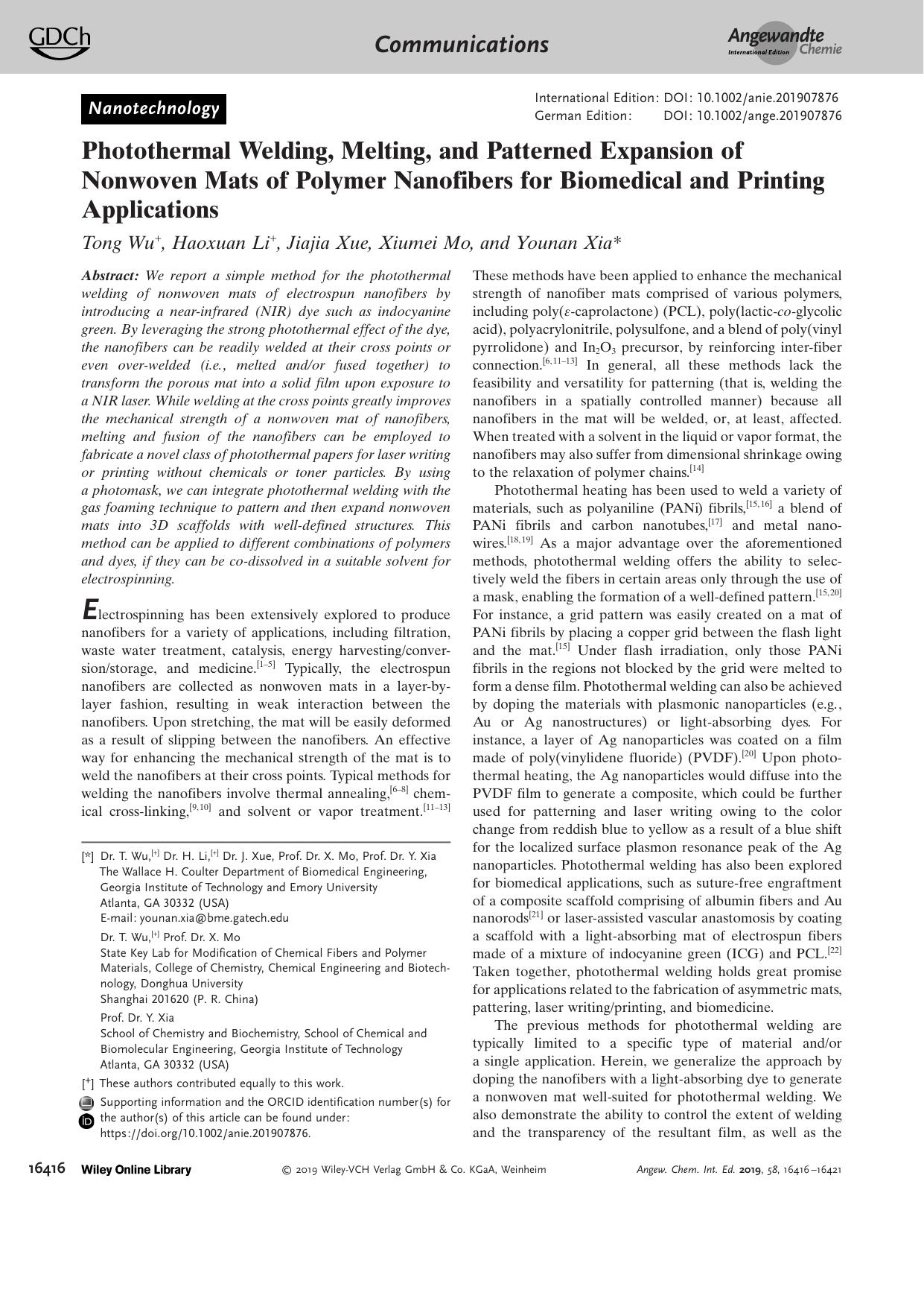 Photothermal Welding, Melting, and Patterned Expansion of Nonwoven Mats of Polymer Nanofibers for Biomedical and Printing Applications by Unknown