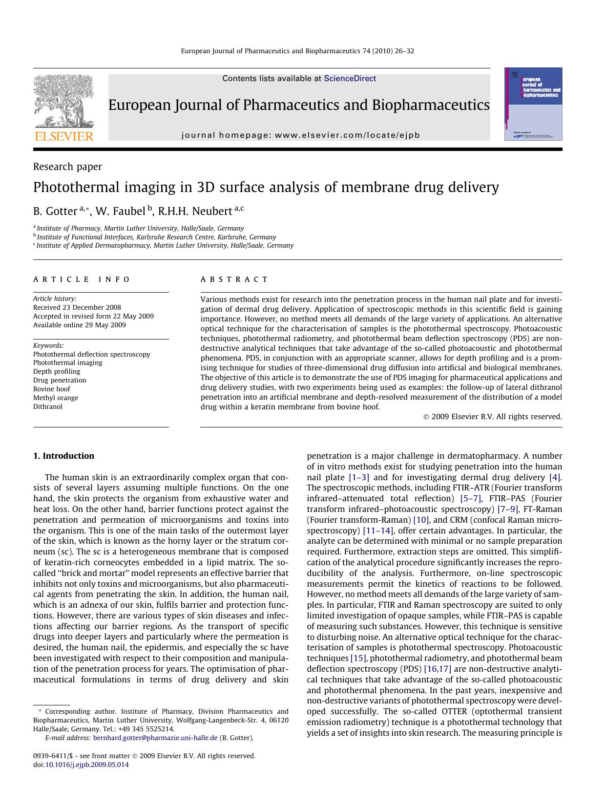 Photothermal imaging in 3D surface analysis of membrane drug delivery by B. Gotter; W. Faubel; R.H.H. Neubert