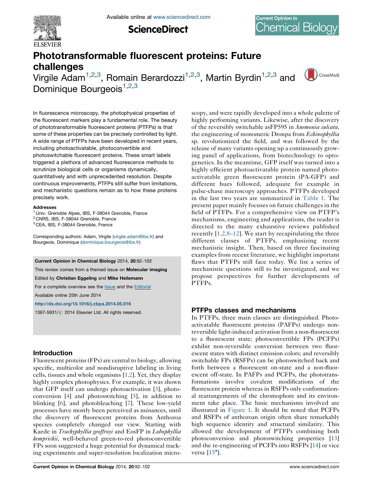 Phototransformable fluorescent proteins: Future challenges by Virgile Adam & Romain Berardozzi & Martin Byrdin & Dominique Bourgeois