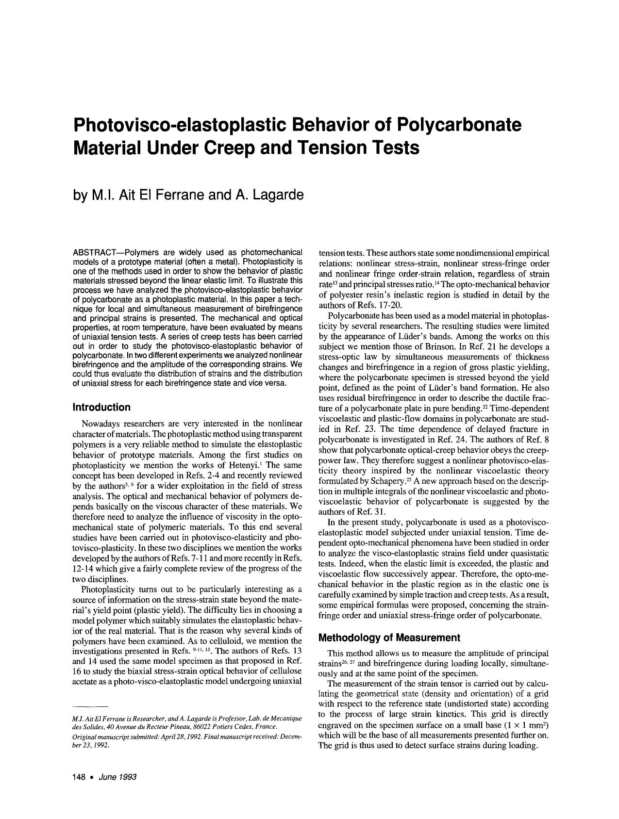 Photovisco-elastoplastic behavior of polycarbonate material under creep and tension tests by Unknown