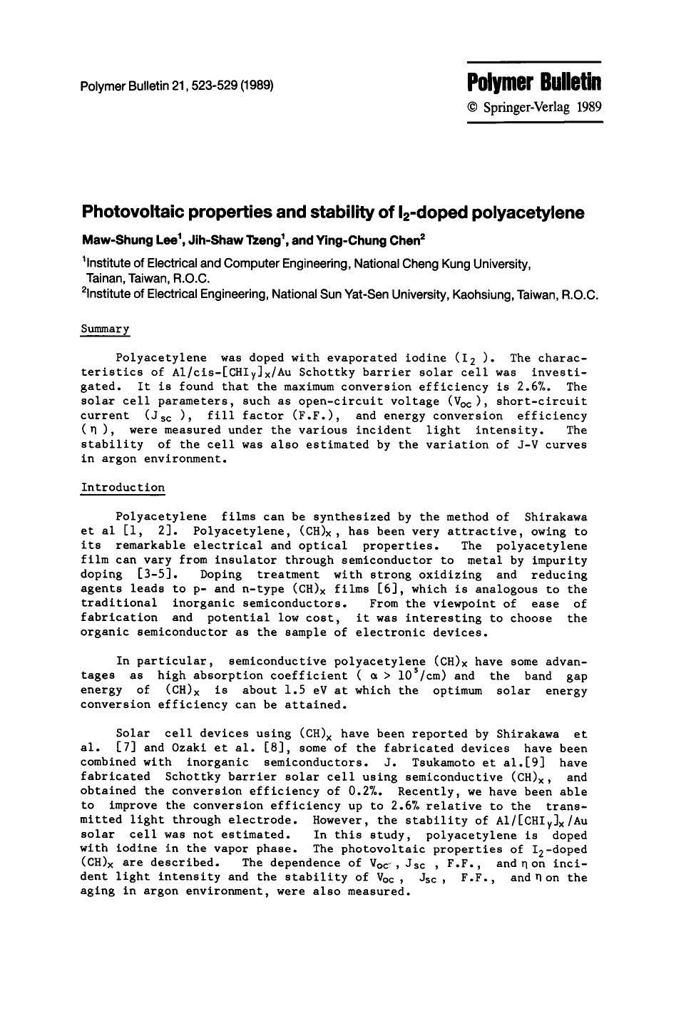 Photovoltaic properties and stability of I<Subscript>2<Subscript>-doped polyacetylene by Unknown