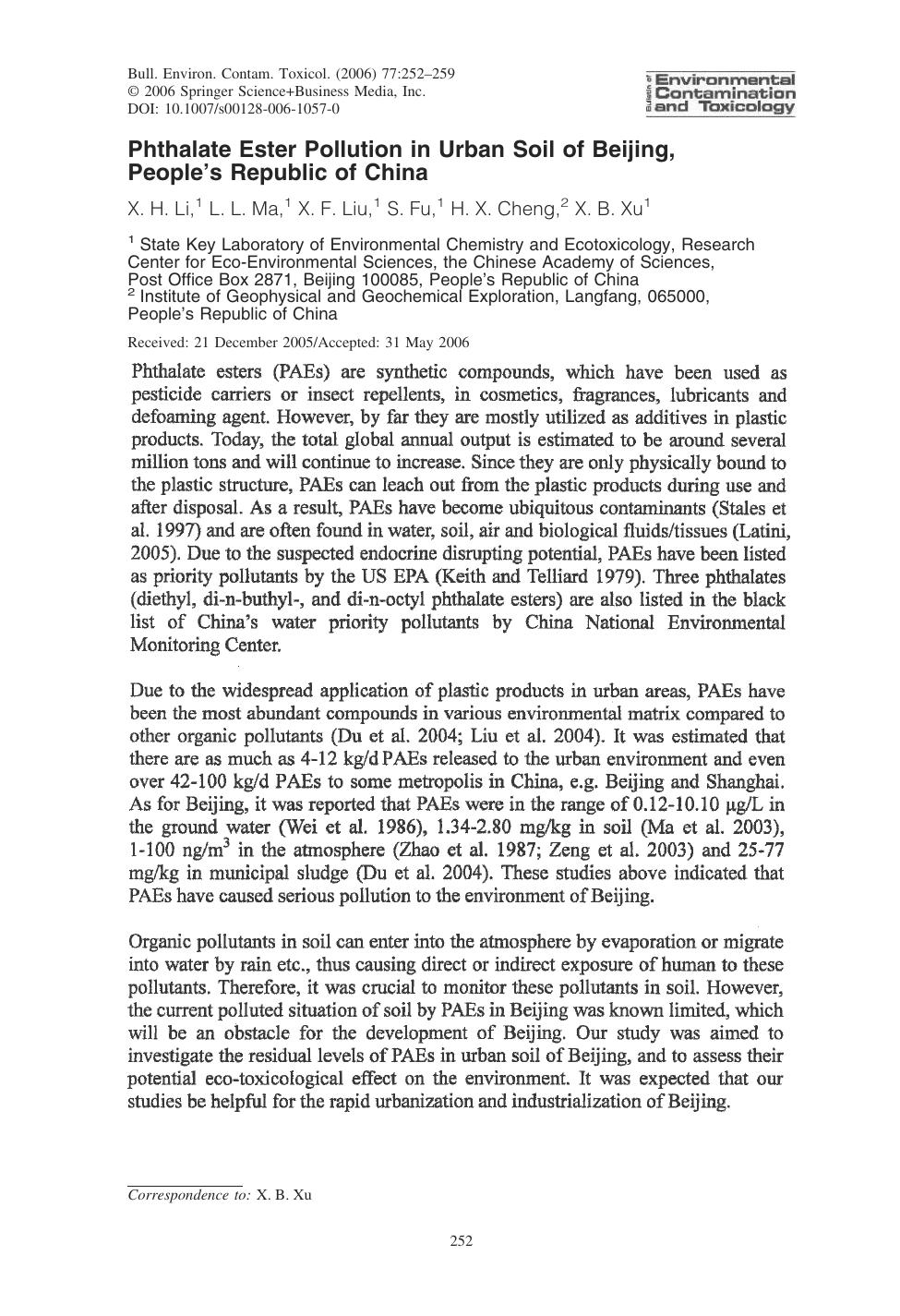Phthalate Ester Pollution in Urban Soil of Beijing, Peopleâs Republic of China by Li & X. H. & et al