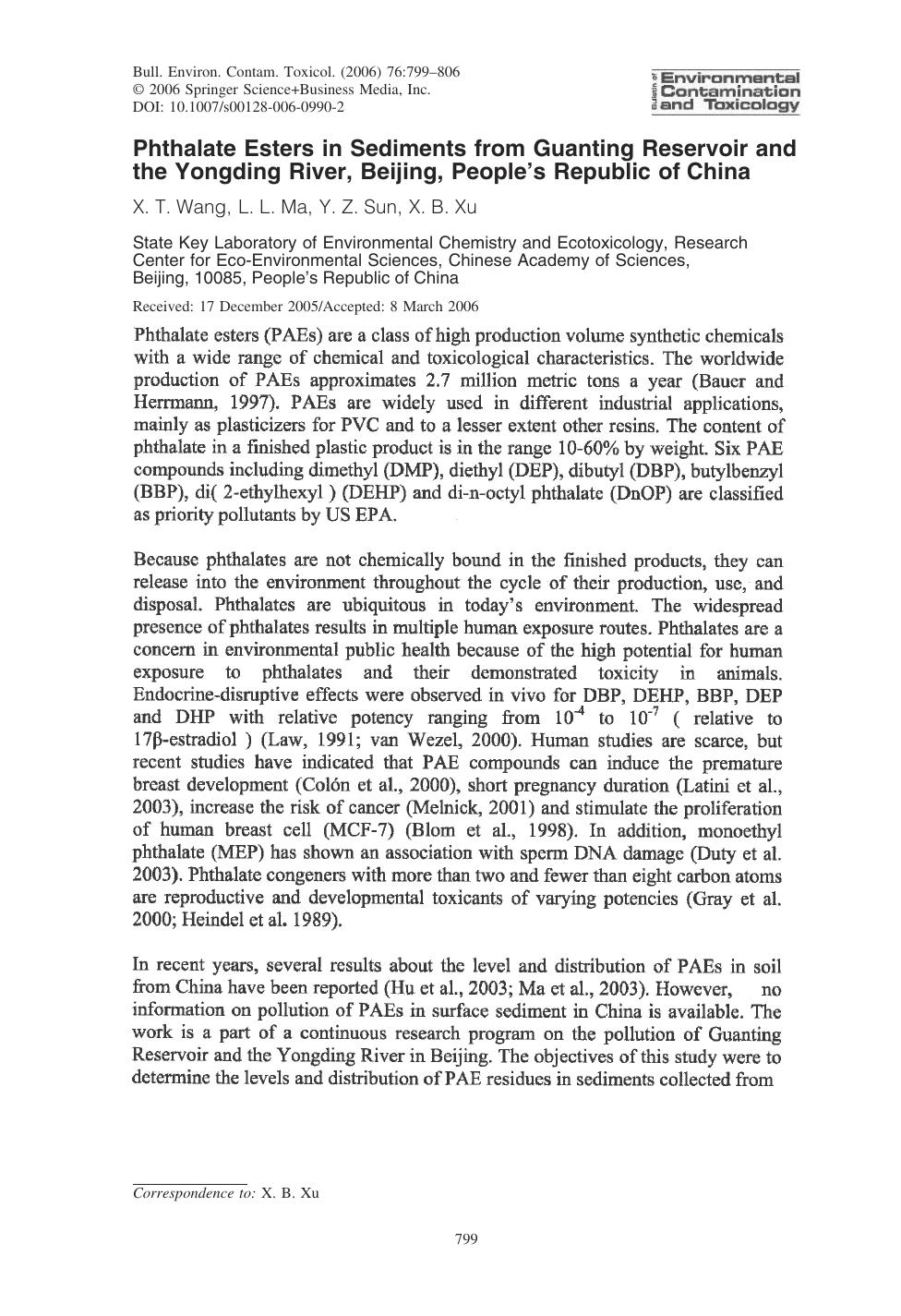 Phthalate Esters in Sediments from Guanting Reservoir and the Yongding River, Beijing, Peopleâs Republic of China by Wang X. T. et al