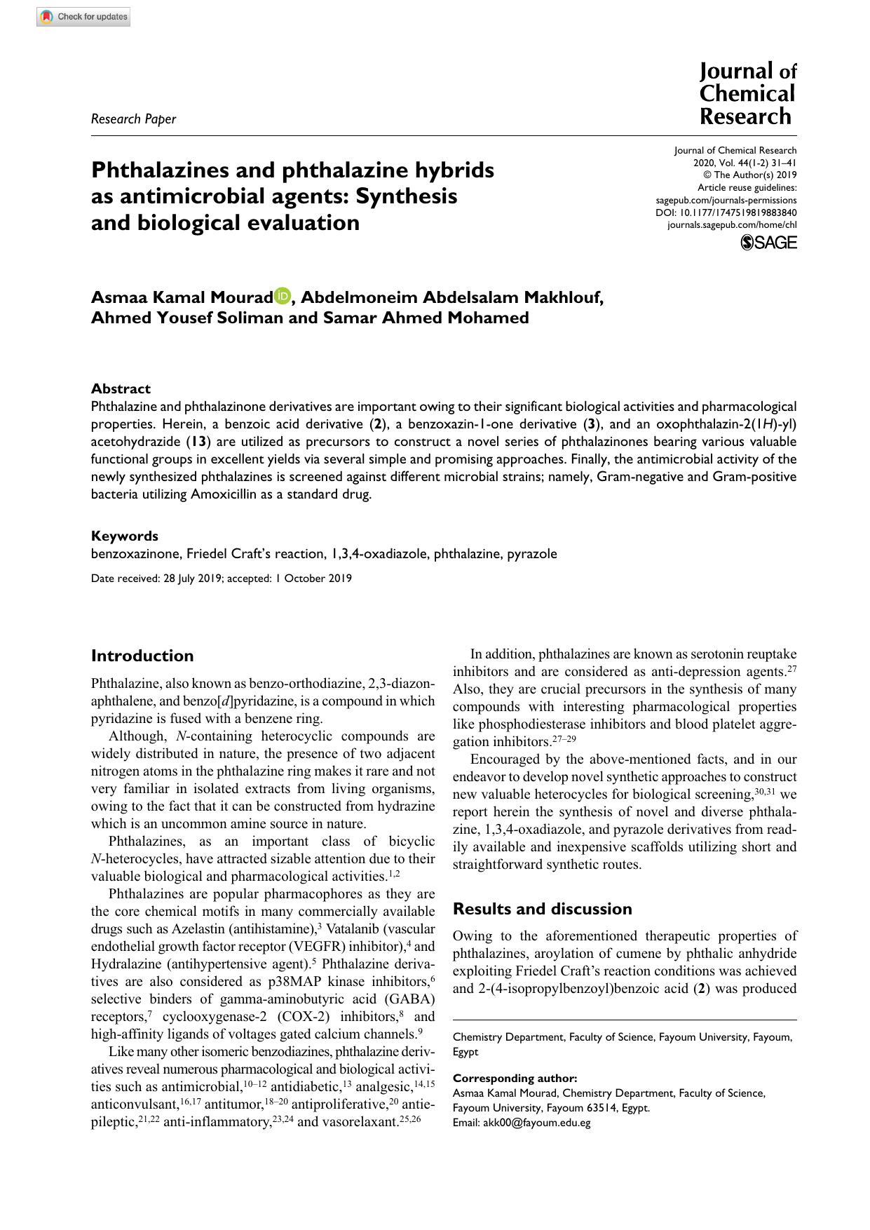 Phthalazines and phthalazine hybrids as antimicrobial agents: Synthesis and biological evaluation by Asmaa Kamal Mourad Abdelmoneim Abdelsalam Makhlouf Ahmed Yousef Soliman & Samar Ahmed Mohamed