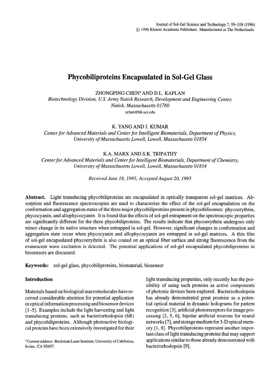Phycobiliproteins encapsulated in sol-gel glass by Unknown