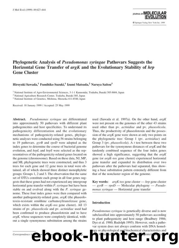 Phylogenetic Analysis of Pseudomonas syringae Pathovars Suggests the Horizontal Gene Transfer of argK and the Evolutionary Stability of hrp Gene Cluster by Sawada H. et al