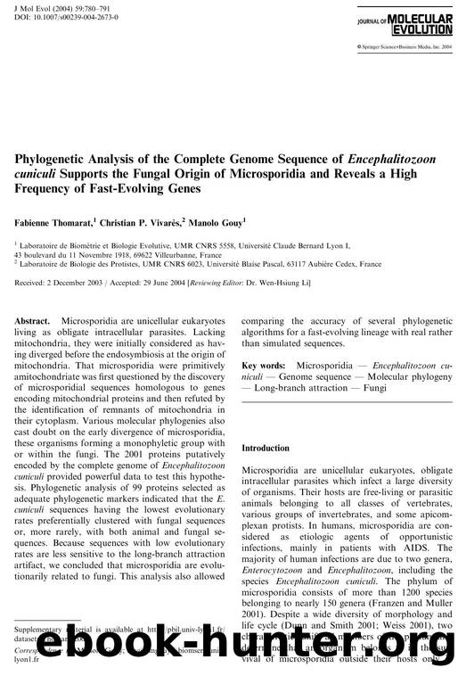 Phylogenetic Analysis of the Complete Genome Sequence of Encephalitozoon cuniculi Supports the Fungal Origin of Microsporidia and Reveals a High Frequency of Fast- Evolving Genes by Thomarat F. et al