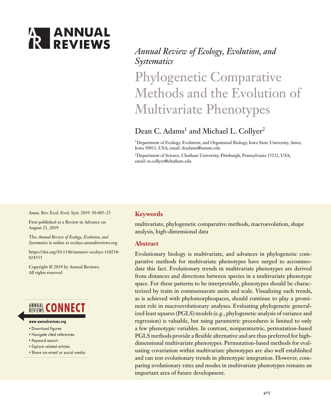 Phylogenetic Comparative Methods and the Evolution of Multivariate Phenotypes by Dean C. Adams and Michael L. Collyer