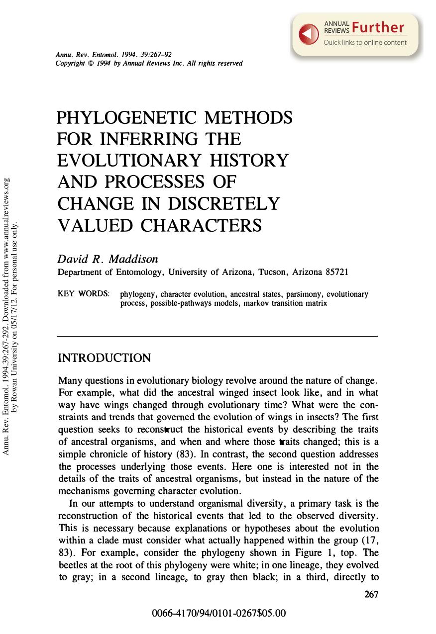 Phylogenetic Methods for Inferring the Evolutionary History and Processes of Change in Discretely Valued Characters by D R Maddison