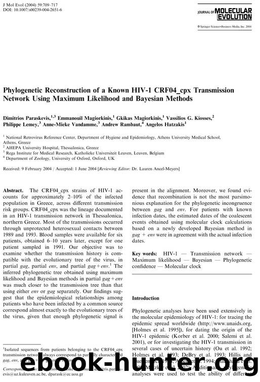 Phylogenetic Reconstruction of a Known HIV-1 CRF04_cpx Transmission Network Using Maximum Likelihood and Bayesian Methods by Paraskevis D. et al