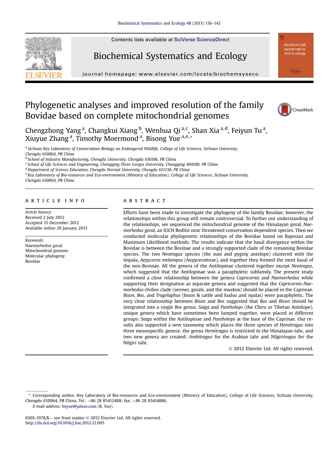 Phylogenetic analyses and improved resolution of the family Bovidae based on complete mitochondrial genomes by unknow