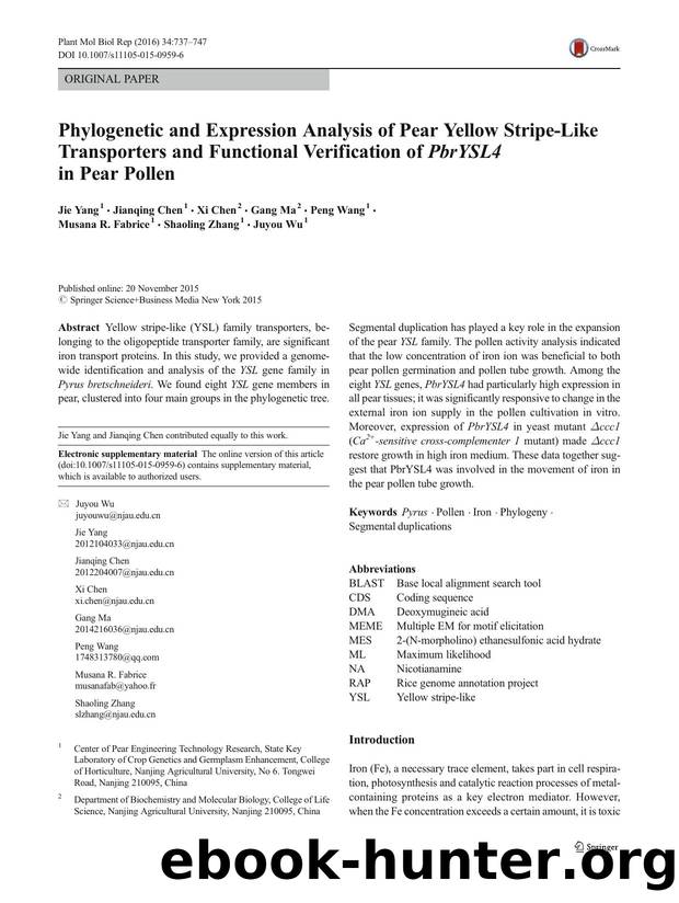 Phylogenetic and Expression Analysis of Pear Yellow Stripe-Like Transporters and Functional Verification of PbrYSL4 in Pear Pollen by unknow