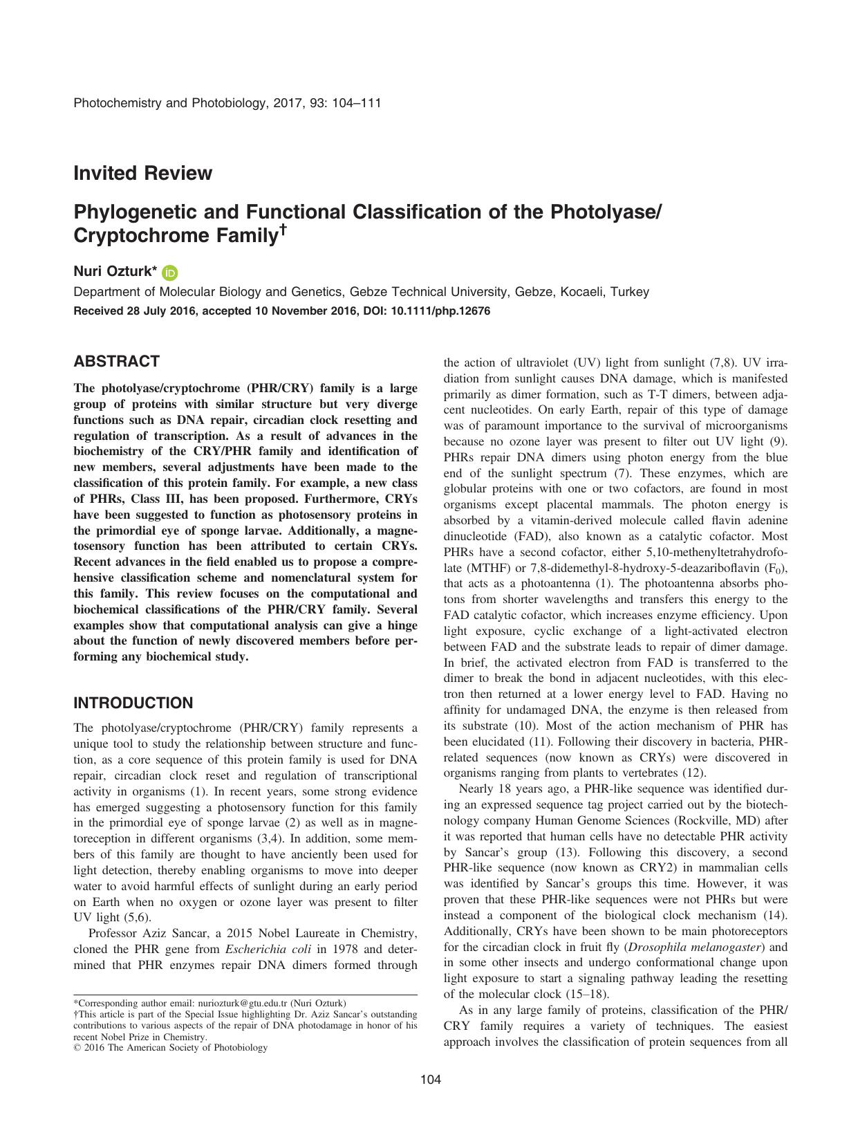 Phylogenetic and Functional Classification of the PhotolyaseCryptochrome Family by Unknown