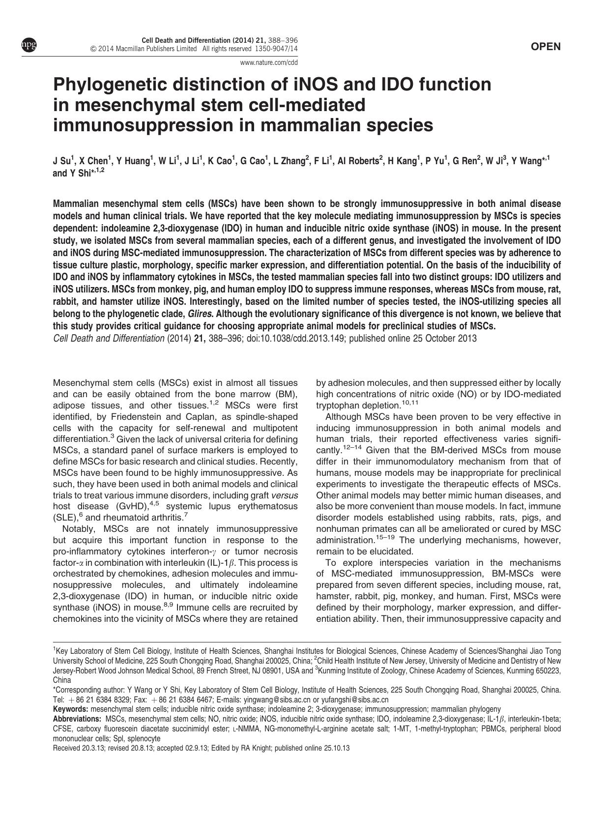 Phylogenetic distinction of iNOS and IDO function in mesenchymal stem cell-mediated immunosuppression in mammalian species by unknow