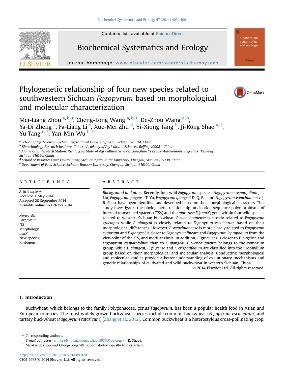Phylogenetic relationship of four new species related to southwestern Sichuan Fagopyrum based on morphological and molecular characterization by unknow