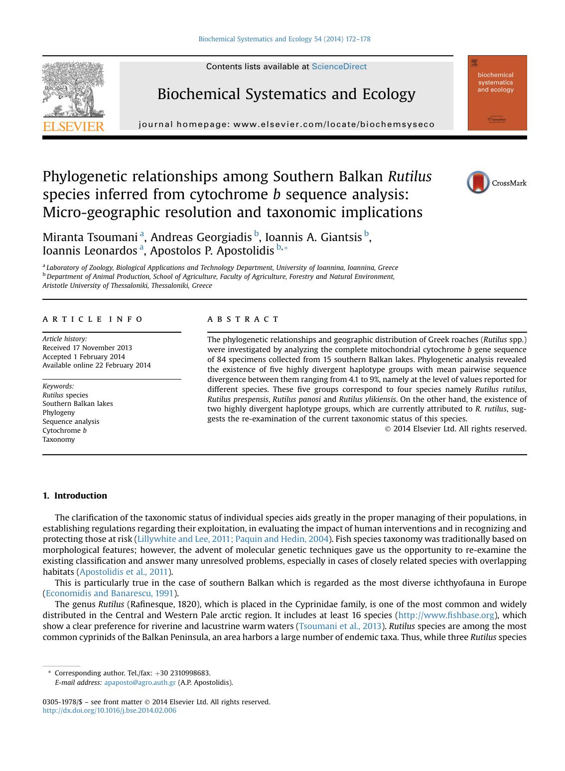 Phylogenetic relationships among Southern Balkan Rutilus species inferred from cytochrome b sequence analysis: Micro-geographic resolution and taxonomic implications by unknow