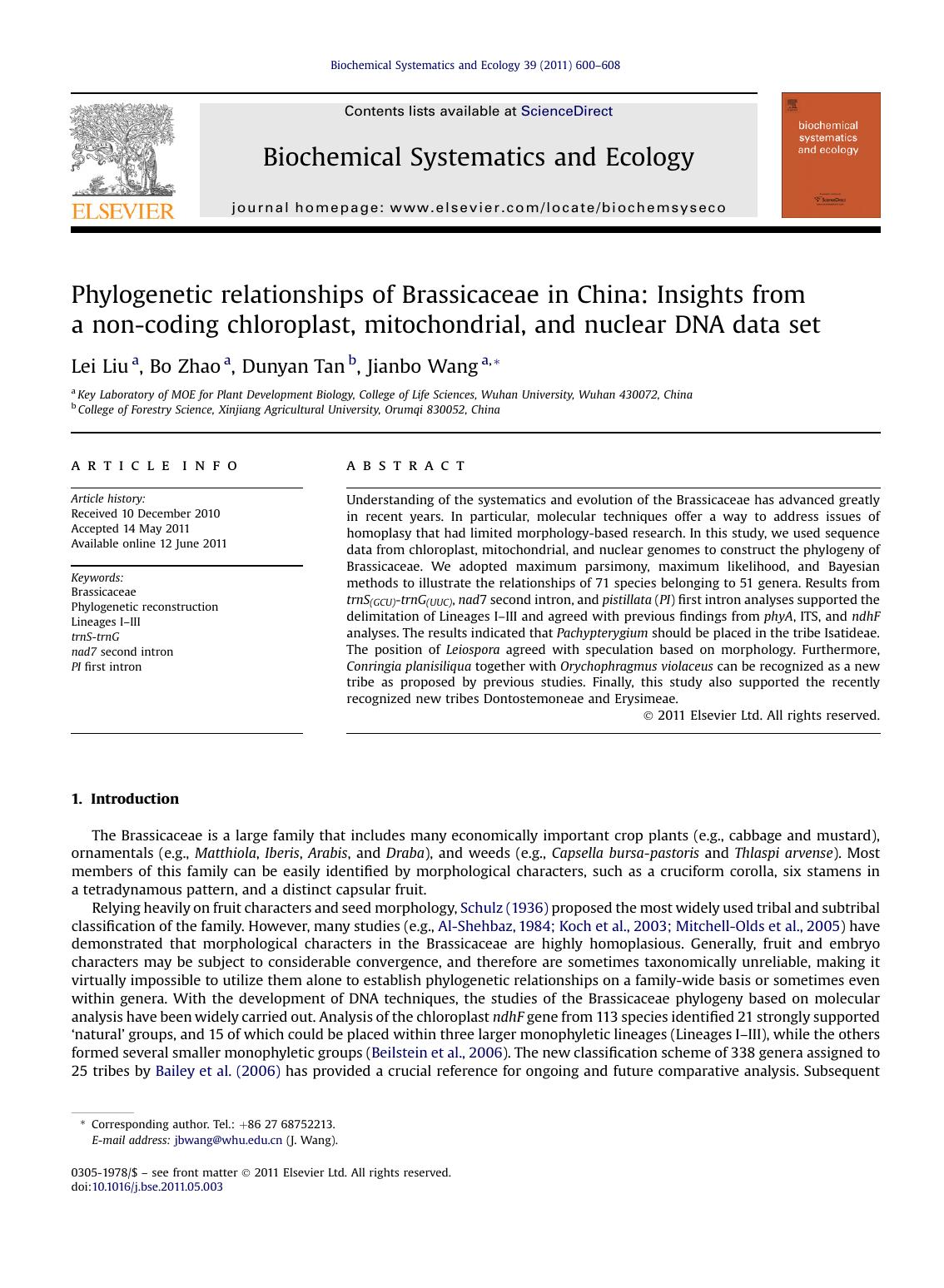 Phylogenetic relationships of Brassicaceae in China: Insights from a non-coding chloroplast, mitochondrial, and nuclear DNA data set by Lei Liu & Bo Zhao & Dunyan Tan & Jianbo Wang
