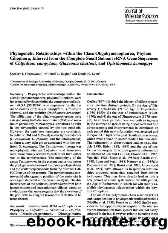 Phylogenetic relationships within the class Oligohymenophorea, phylum Cilophora, inferred from the complete small subunit rRNA gene sequences of <Emphasis Type="Italic">Colpidium c by Unknown