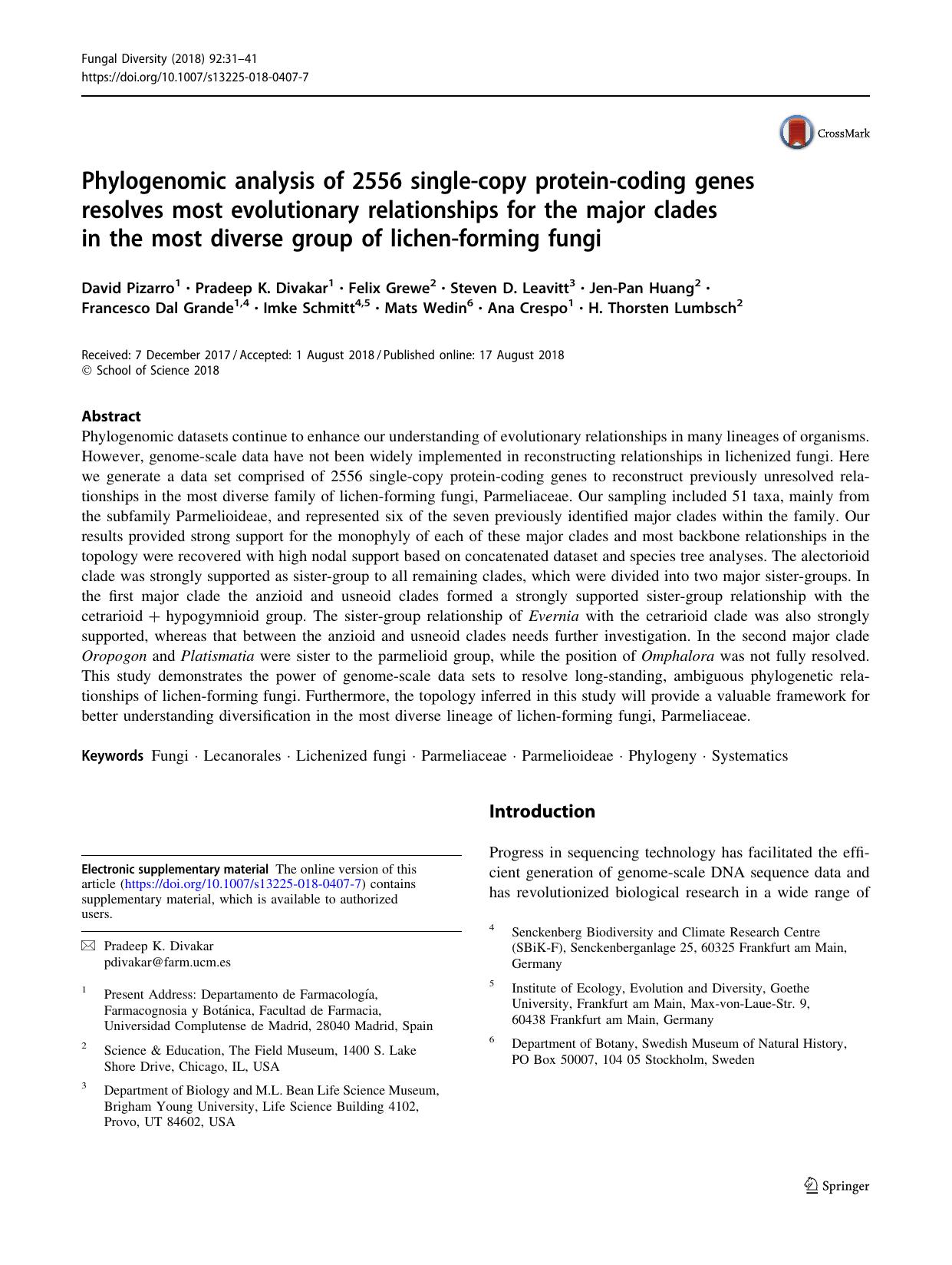 Phylogenomic analysis of 2556 single-copy protein-coding genes resolves most evolutionary relationships for the major clades in the most diverse group of lichen-forming fungi by unknow