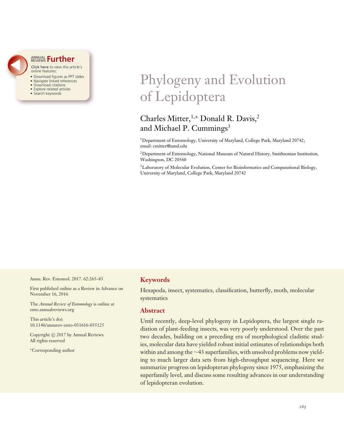 Phylogeny and Evolution of Lepidoptera by Charles Mitter Donald R. Davis Michael P. Cummings