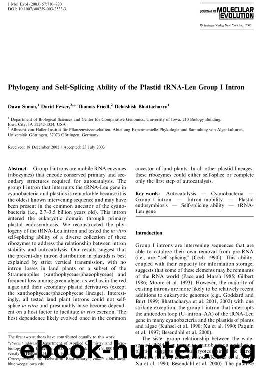 Phylogeny and Self-Splicing Ability of the Plastid tRNA Leu Group I Intron by Simon D. et al
