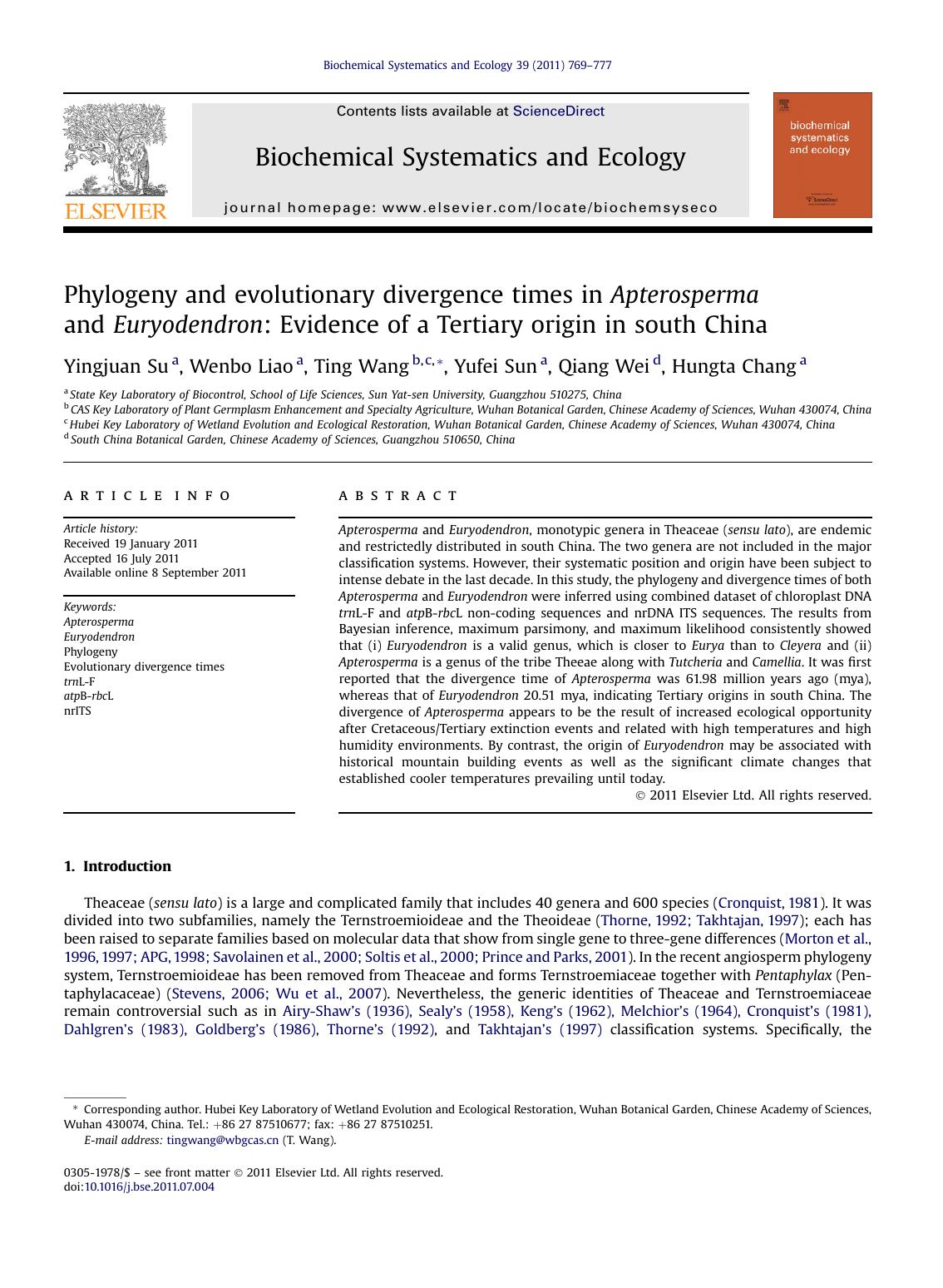 Phylogeny and evolutionary divergence times in Apterosperma and Euryodendron: Evidence of a Tertiary origin in south China by Yingjuan Su & Wenbo Liao & Ting Wang & Yufei Sun & Qiang Wei & Hungta Chang