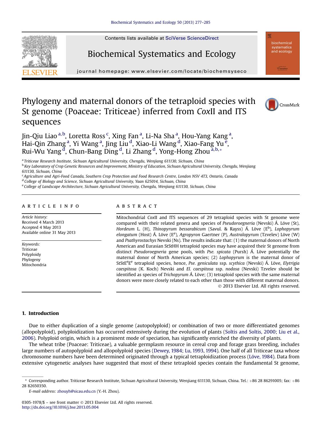 Phylogeny and maternal donors of the tetraploid species with St genome (Poaceae: Triticeae) inferred from CoxII and ITS sequences by unknow