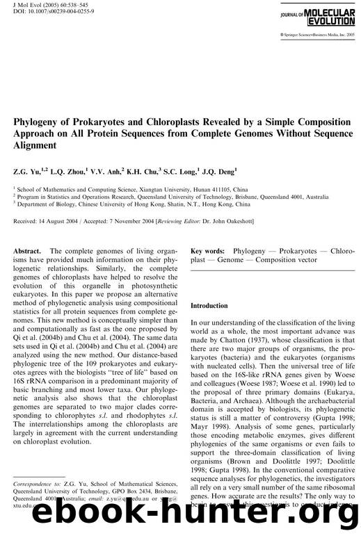 Phylogeny of Prokaryotes and Chloroplasts Revealed by a Simple Composition Approach on All Protein Sequences from Complete Genomes Without Sequence Alignment by Yu Z.G. et al