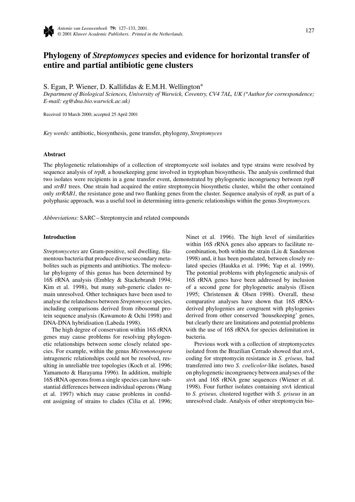 Phylogeny of Streptomyces species and evidence for horizontal transfer of entire and partial antibiotic gene clusters by Unknown