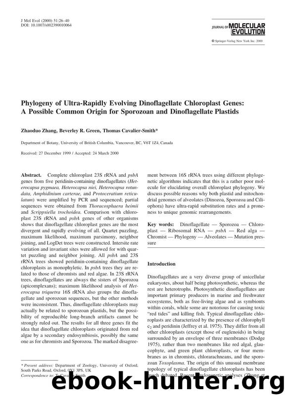Phylogeny of Ultra-Rapidly Evolving Dinoflagellate Chloroplast Genes: A Possible Common Origin for Sporozoan and Dinoflagellate Plastids by Zhang Z. et al