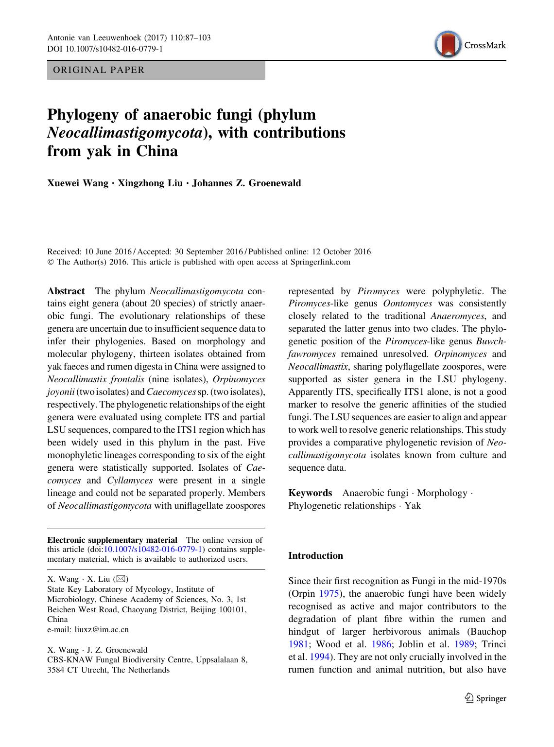 Phylogeny of anaerobic fungi (phylum Neocallimastigomycota), with contributions from yak in China by Xuewei Wang & Xingzhong Liu & Johannes Z. Groenewald