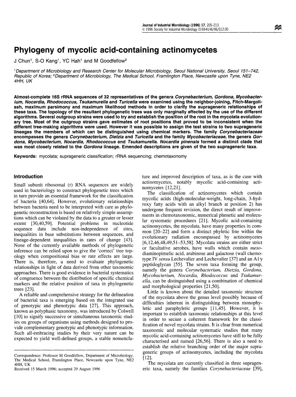 Phylogeny of mycolic acid-containing actinomycetes by Unknown