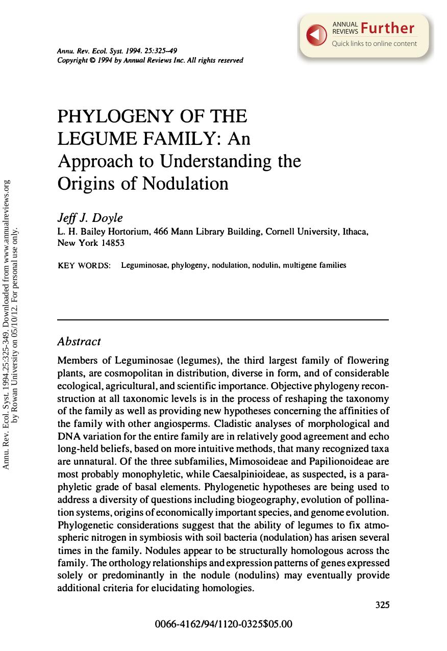 Phylogeny of the Legume Family: An Approach to Understanding the Origins of Nodulation by J J Doyle