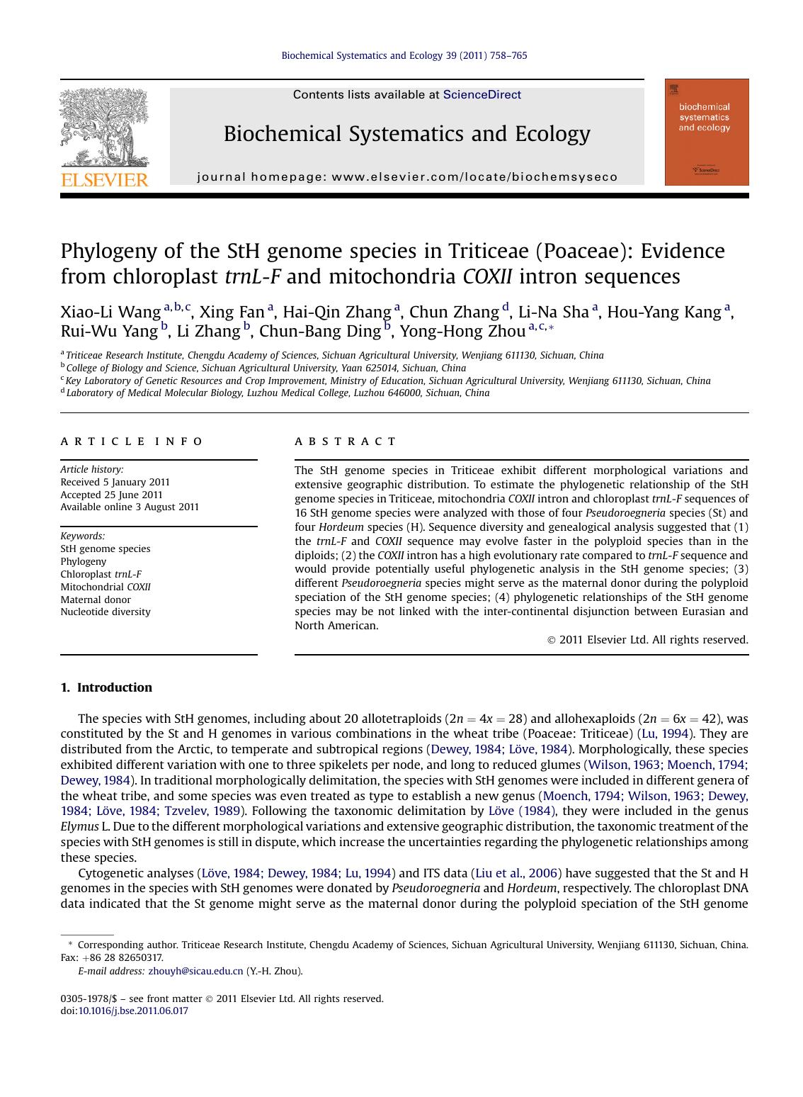Phylogeny of the StH genome species in Triticeae (Poaceae): Evidence from chloroplast trnL-F and mitochondria COXII intron sequences by unknow