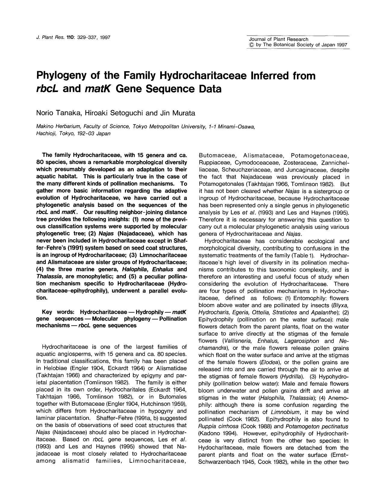 Phylogeny of the family hydrocharitaceae inferred from <Emphasis Type="Italic">rbcL <Emphasis> and <Emphasis Type="Italic">matK <Emphasis> gene sequence data by Unknown