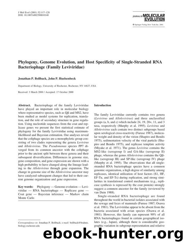 Phylogeny, Genome Evolution, and Host Specificity of Single-Stranded RNA Bacteriophage (Family Leviviridae) by Bollback J. et al