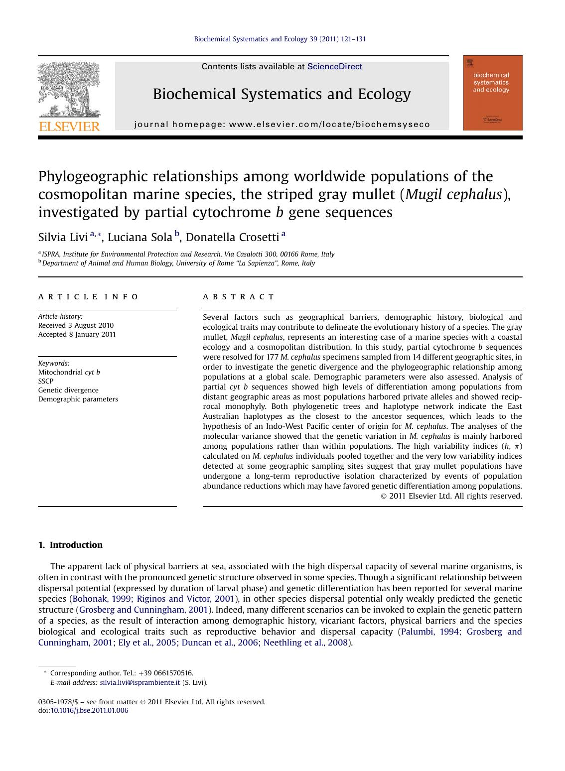 Phylogeographic relationships among worldwide populations of the cosmopolitan marine species, the striped gray mullet (Mugil cephalus), investigated by partial cytochrome b gene sequences by Silvia Livi & Luciana Sola & Donatella Crosetti