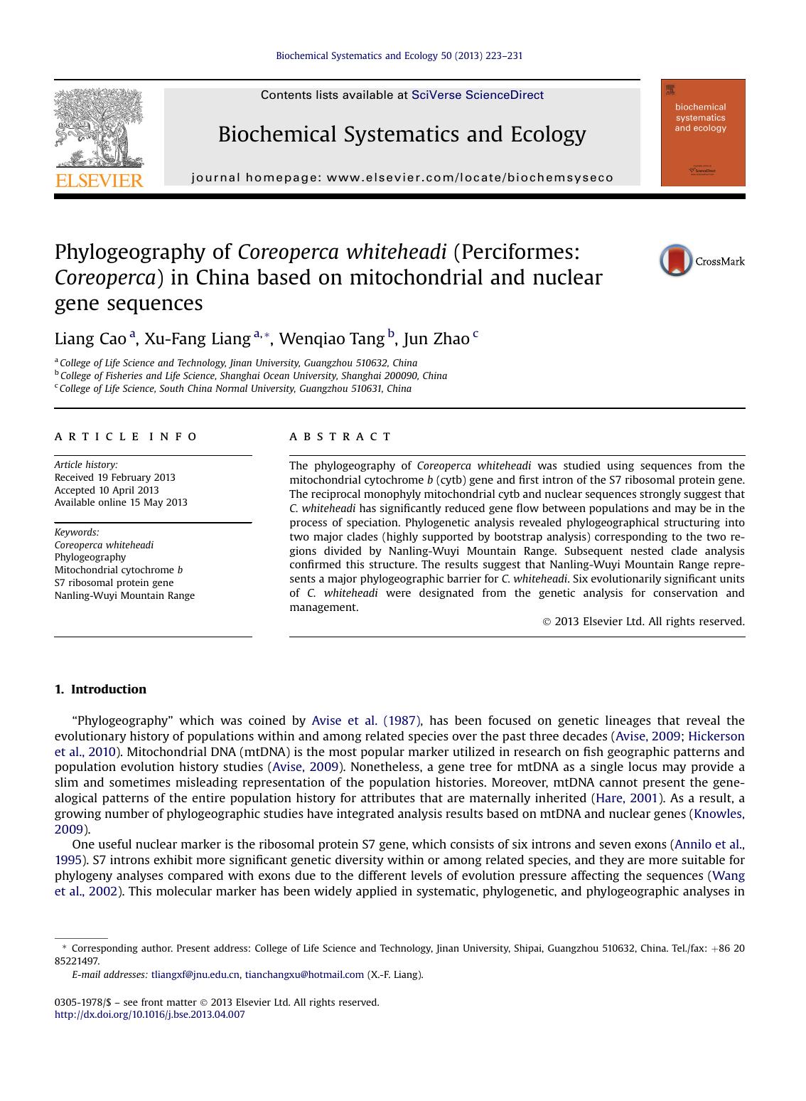 Phylogeography of Coreoperca whiteheadi (Perciformes: Coreoperca) in China based on mitochondrial and nuclear gene sequences by Liang Cao & Xu-Fang Liang & Wenqiao Tang & Jun Zhao